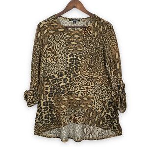 Zac & Rachel Tunic Top Women‎ Size S Hi-Lo Hem Ruched Sleeve Brown Animal Print